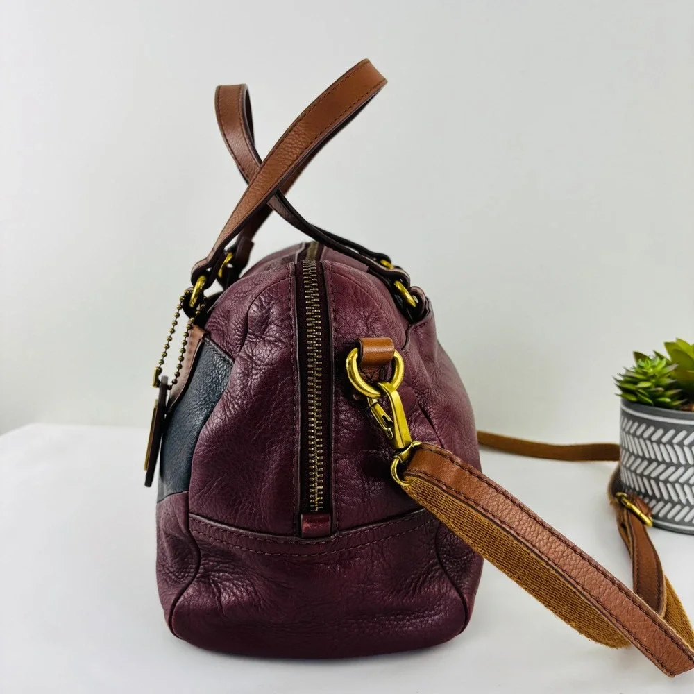 Fossil Burgundy Brown Leather Geometric‎ Patchwork Satchel Crossbody Bag